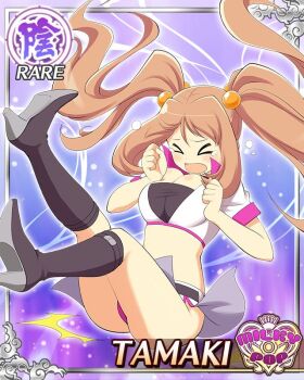 &gt;_&lt; 1girl border breasts breasts_squeezed_together brown_hair card_(medium) character_name cleavage closed_eyes crop_top english_text fallen_down game_cg green_eyes hair_bobbles hair_ornament high_heels large_breasts long_hair midriff official_alternate_costume official_art open_mouth panties pantyshot pink_panties race_queen senran_kagura senran_kagura_new_wave solo tamaki_(senran_kagura) tearing_up underwear