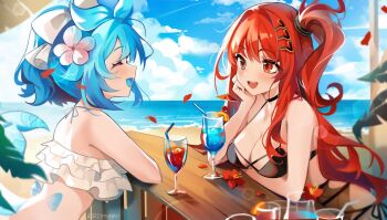 2girls beach bikini black_bikini blue_hair breasts cleavage closed_eyes cloud commentary commission daiya_fortuna drink drinking_straw english_commentary flower frilled_bikini frills hair_flower hair_ornament hair_ribbon highres indie_virtual_youtuber lazuli_(vtuber) long_hair multiple_girls open_mouth red_hair red_petals ribbon riffamo short_hair sky smile swimsuit tail twitter_username virtual_youtuber white_bikini white_flower white_ribbon