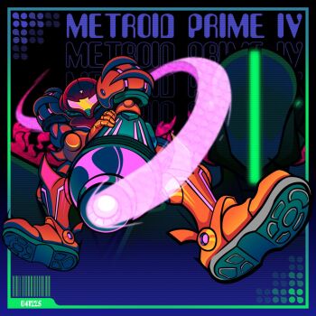 Rule 34 | 1girl, aiming, arm cannon, armor, assault visor, commentary, copyright name, english commentary, glowing, light trail, metroid, metroid prime 4: beyond, ngz0ne, nintendo, power armor, power suit (metroid), samus aran, sylux (metroid), two-tone armor, weapon