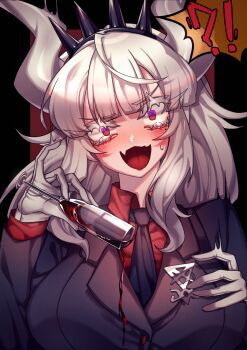 !? 1girl alcohol black_necktie blazer breasts brooch collared_shirt colored_eyelashes crying cup demon_girl dot_nose double-parted_bangs drinking_glass eyes_visible_through_hair fang film_grain gloves hairband helltaker highres holding holding_cup horns jacket jagged_sclera jewelry kithera large_breasts lucifer_(helltaker) mole mole_under_eye necktie open_mouth portrait pouring pouring_onto_self red_eyes red_shirt red_wine shirt sidelocks solo spiked_hairband spikes striped_blush tears teeth white_eyelashes white_gloves white_hair white_horns wine wine_glass