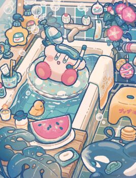 :d bath blue_eyes blush_stickers bubble commentary diving_mask eyewear_on_head food fruit goggles harukui highres innertube kirby kirby_(series) leaf nintendo no_humans open_mouth plate rubber_duck shampoo_bottle sink smile soap solo stool swim_ring symbol-only_commentary water watermelon watermelon_slice