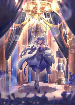 1girl bare_shoulders blue_hair bracelet chandelier closed_eyes curtains detached_collar detached_sleeves dress earrings facing_viewer feather_boa full_body gloves hair_between_eyes halo hand_up hashtag-only_commentary head_wings high_heels highres honkai:_star_rail honkai_(series) jewelry long_hair music open_mouth pearl_bracelet purple_dress purple_shoes robin_(honkai:_star_rail) shoes singing single_earring skirt_hold solo stage szlljxk two-tone_dress white_dress white_gloves wings