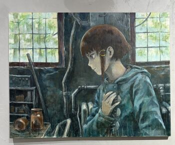 Rule 34 | 1girl, abe yoshitoshi, brown eyes, brown hair, commentary request, hand on own chest, highres, indoors, iwakura lain, jacket, painting (medium), profile, serial experiments lain, short hair, solo, traditional media, upper body, watercolor (medium), window