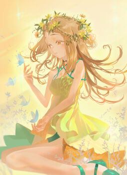 1girl absurdres ankle_strap bare_arms blonde_hair blue_butterfly breasts bug butterfly butterfly_on_hand commentary_request dress flipped_hair flower gakuen_idolmaster green_shoes head_wreath highres idolmaster insect long_hair looking_at_animal shinosawa_hiro shoes sitting sleeveless sleeveless_dress small_breasts solo superhoikoro wariza yellow_dress yellow_flower