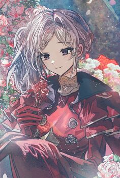 Rule 34 | 1girl, bad id, bad twitter id, breasts, bush, cape, closed mouth, collared cape, dress, edelgard von hresvelg, edelgard von hresvelg (timeskip), fire emblem, fire emblem: three houses, flower, grey hair, happy, head tilt, high collar, highres, holding, holding flower, knees up, light blush, light smile, looking down, medium breasts, nintendo, official alternate costume, official alternate hairstyle, outdoors, purple eyes, red cape, red dress, red flower, rose, sanya (hwanmul), side ponytail, sitting, solo, upper body