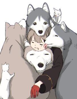 1girl animal animal_ears animal_hug azur_lane black_jacket cat closed_eyes dog gloves half_gloves hatski.sin highres jacket jean_bart_(azur_lane) licking long_sleeves open_mouth red_gloves simple_background solo tongue white_background wolf