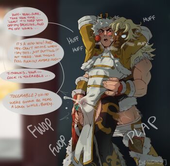 Rule 34 | 2boys, arms around neck, arms behind head, black eyes, blonde hair, blurry, blurry background, blush, bulge, changpao, chaps, chinese clothes, clothes pull, commentary, cum, cum on clothes, english commentary, english text, erection, erection under clothes, fur-trimmed shrug, fur-trimmed wrist cuffs, guardians of the galaxy, highres, iron fist (lion's gaze) (marvel), iron fist (marvel), jacket, lin lie (marvel), long hair, male focus, marvel, marvel rivals, mask, multiple boys, muscular, muscular male, official alternate costume, pants, pants pull, peter quill, sex, sex from behind, shrug (clothing), sketch, somedivs, sound effects, speech bubble, star-lord, star-lord (lion's mane), thigh sex, white pants, yaoi, yellow jacket, yellow shrug