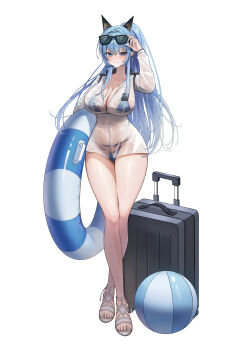 1girl absurdres adjusting_eyewear ball beachball bikini bikini_under_clothes blue_bikini blue_eyes blue_hair breasts cleavage commentary crossed_legs eyewear_on_head full_body goddess_of_victory:_nikke hand_on_eyewear hand_up helm_(aqua_marine)_(nikke) helm_(nikke) highres innertube large_breasts long_hair long_sleeves looking_at_viewer no_pants official_alternate_costume ponytail rolling_suitcase rydr93 sandals see-through_clothes see-through_shirt shirt simple_background solo standing suitcase sunglasses swim_ring swimsuit thighs very_long_hair watson_cross wet wet_clothes wet_shirt white_background white_sandals white_shirt