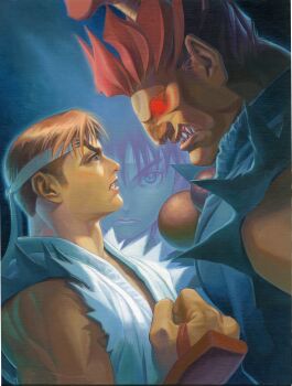 Rule 34 | 1990s (style), 1girl, 2boys, akuma (street fighter), bare shoulders, bead necklace, beads, blue eyes, blue sailor collar, brown hair, clenched hand, clenched teeth, dai-chan, dark-skinned male, dark skin, dougi, faceoff, from side, game cg, glowing, glowing eyes, headband, height difference, highres, jewelry, karate gi, kasugano sakura, looking at another, looking at viewer, multiple boys, muscular, necklace, non-web source, official art, oil painting (medium), painting (medium), parted lips, pink lips, prayer beads, red eyes, red hair, retro artstyle, ryu (street fighter), sailor collar, shirt, spiked hair, street fighter, street fighter zero (series), street fighter zero 2 cover, teeth, thick eyebrows, topknot, torn clothes, torn shirt, traditional media, upper body, white headband