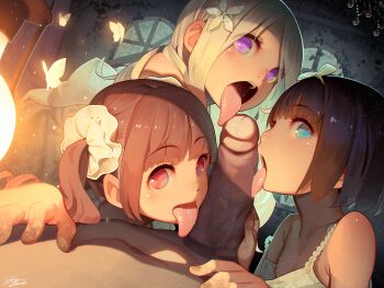 1boy 3girls age_difference bare_shoulders blonde_hair blue_eyes bob_cut brown_hair bug butterfly clothed_female_nude_male cooperative_fellatio dark_room decensored dutch_angle erection fellatio flat_chest hair_ornament hair_scrunchie harem hetero highres indoors insect large_penis licking licking_penis loli loli_harem long_hair looking_at_viewer looking_to_the_side muk_(monsieur) multiple_girls musical_note nipples nude open_mouth oral original penis pov profile purple_eyes red_eyes saliva scrunchie shiny_skin small_nipples strap_slip teamwork_(sexual) textless_version third-party_edit tongue tongue_out uncensored window