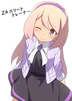 Rule 34 | 1girl, ;), ace trainer (female) (pokemon legends: z-a), ace trainer (pokemon), black dress, bolo tie, bow, bow hairband, closed mouth, commentary, cowboy shot, curakuru, dress, grey eyes, hairband, highres, jacket, long hair, looking at viewer, nintendo, one eye closed, open clothes, open jacket, pink hair, pokemon, pokemon legends: z-a, purple bow, purple hairband, purple jacket, short dress, simple background, smile, solo, white background
