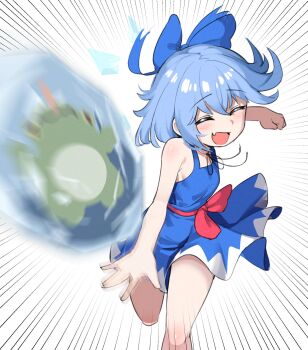 1girl :d bare_shoulders blue_bow blue_dress blue_hair bow cirno cirno_day closed_eyes commentary dress dress_bow english_commentary fang feet_out_of_frame frozen_frog hair_bow highres ice ice_wings motion_blur motion_lines open_mouth red_bow short_hair sifserf skin_fang smile solo speed_lines throwing touhou wings