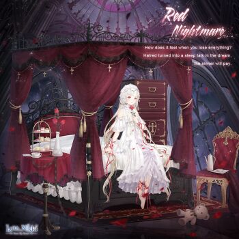 1girl absurdly_long_hair ankle_ribbon artist_request bare_shoulders barefoot blonde_hair cake chair character_name chest_of_drawers circlet collar copyright_logo cross_hair_ornament cup curtains detached_collar dot_nose dress english_text expressionless eyelashes feet flower food frilled_collar frilled_dress frilled_headwear frills frown full_body hair_ornament hair_ribbon hat hat_ribbon holding holding_flower indoors leg_ribbon light_blush logo long_dress long_hair looking_at_viewer miracle_nikki night nightgown nikki_(series) off-shoulder_dress off_shoulder official_art on_bed parted_lips petals pink_eyes red_flower red_nightmare_(miracle_nikki) red_ribbon red_rose ribbon rose rose_petals sitting sky solo star_(sky) starry_sky stuffed_animal stuffed_toy table teacup teapot teddy_bear third-party_source toes tray tress_ribbon vase very_long_hair wavy_hair white_collar white_dress white_hat white_nightgown white_ribbon window wrist_ribbon