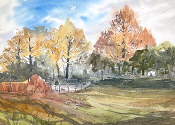 Rule 34 | autumn, blue sky, commentary request, day, landscape, nature, no humans, original, outdoors, painting (medium), scenery, sky, tj (tenjiku200), traditional media, tree, watercolor (medium)