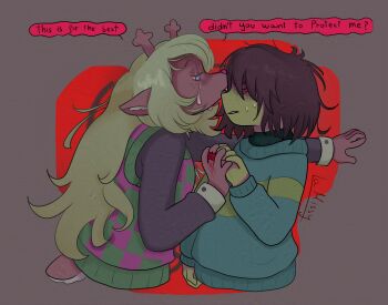 1girl 1other antlers black_shirt blonde_hair brown_hair checkered_sweater_vest colored_skin commentary deer_antlers deer_girl deltarune english_commentary english_text green_sweater grey_eyes highres horns jewelry kris_(deltarune) la_missy long_hair looking_down noelle_holiday ring shirt short_hair signature single_horizontal_stripe striped_clothes striped_sweater sweater tears thorn_ring_(deltarune) utdr_(toby_fox) weird_route_(deltarune) yellow_skin