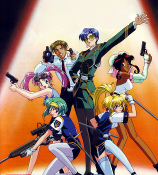 1990s_(style) 1boy 5girls baton_(weapon) belt blonde_hair blue_eyes blue_hair breasts brown_hair bun_cover burn-up burn-up_excess camera dark_skin double_bun earrings elbow_gloves glasses gloves goggles goggles_on_head green_hair gun hair_bun hairband handgun headband highres jewelry jinguu_maya kawazaki_maki kinezono_rio lilica_evett long_hair medium_breasts multiple_girls nanvel_candlestick naruo_yuji necktie night-vision_device night_vision official_art open_mouth pantyhose pencil_skirt pink_hair police police_uniform policewoman purple_eyes retro_artstyle ribbon rifle shirt short_hair skirt small_breasts smile sniper sniper_rifle spotlight thighhighs tonfa twintails weapon white_legwear