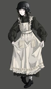 1girl absurdres apron apron_hold artist_name black_dress black_eyes black_shoes braid closed_mouth combat_helmet dress grey_background hair_over_shoulder helmet highres long_sleeves low_twin_braids original schellergheist shoes simple_background solo stahlhelm twin_braids white_apron