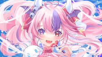 1girl ahoge bell blue_eyes candy canniny cinnamoroll demon_girl demon_horns fang food hair_bell hair_between_eyes hair_ornament head_wings heart heart-shaped_food heart-shaped_lollipop heart_ahoge heterochromia highres horns ironmouse lollipop long_hair looking_at_viewer multicolored_hair open_mouth pink_hair purple_eyes purple_hair purple_streaks red_eyes shaped_lollipop skin_fang solo streaked_hair twintails virtual_youtuber vshojo white_horns wings