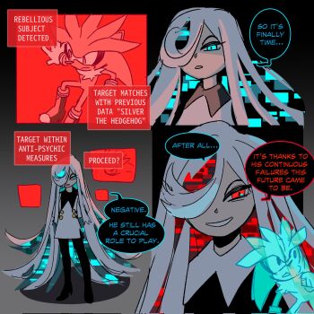 1boy 1girl aged_up alternate_design aqua_hair caffstrink colored_inner_hair commentary corrupted_twitter_file english_commentary english_text furry furry_male glitch gloves hair_over_one_eye hedgehog_boy highres multicolored_hair neo_sage_(sonic) red_eyes red_hair sage_(sonic) silver_the_hedgehog smile sonic_(series) white_gloves