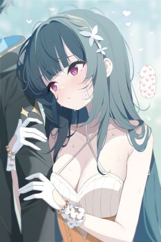 Rule 34 | 1boy, 1girl, beads, black hair, black jacket, blue background, blunt bangs, blush, breasts, cleavage, commentary, criss-cross halter, deyui, dress, gloves, gold trim, hair ornament, hairband, halter dress, halterneck, heart, highres, holding another's arm, jacket, long hair, looking ahead, looking at another, male tyrant (stella sora), medium breasts, nazuka (stella sora), orange dress, outdoors, parted lips, pink eyes, sidelocks, sleeveless, sleeveless dress, spoken heart, star (symbol), stella sora, sweat, symbol-shaped pupils, two-sided fabric, two-sided jacket, two-tone dress, tyrant (stella sora), very long hair, white dress, white gloves