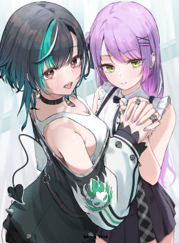 Rule 34 | 2girls, aqua hair, black choker, black dress, black skirt, breasts, choker, cleavage, closed mouth, commentary request, dress, hair ornament, hairpin, highres, hiragi 1014, hololive, hololive dev is, interlocked fingers, looking at viewer, medium breasts, multicolored hair, multiple girls, official alternate costume, open mouth, red eyes, rindo chihaya, rindo chihaya (1st costume), shirt, skirt, streaked hair, tokoyami towa, tokoyami towa (jirai kei), virtual youtuber, white shirt, white streaks, x hair ornament