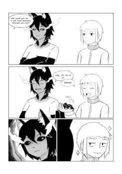 1boy 1girl 4koma :d ^_^ angry animal_ear_fluff animal_ears animal_hands annoyed black_sclera blush breasts claws closed_eyes colored_sclera comic couple crossed_arms dog_ears embarrassed english_text expressionless fang fire fur greyscale handshake hellhound_(monster_girl_encyclopedia) hetero highres interview kurovah monochrome monster_girl monster_girl_encyclopedia monster_girl_encyclopedia_ii open_mouth shaded_face shirt short_hair sidelocks smile sound_effects speech_bubble star_(symbol) star_print text_focus troll_face trolling