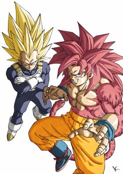 2boys blonde_hair blue_bodysuit bodysuit boots crossed_arms dragon_ball dragon_ball_daima gloves highres kakeru_(dbskakeru) looking_at_viewer multiple_boys orange_pants pants pink_eyes pink_hair pink_tail simple_background son_goku spiked_hair super_saiyan super_saiyan_4 toriyama_akira_(style) vegeta white_background white_boots white_gloves
