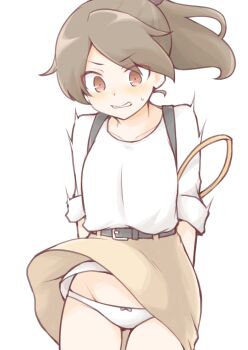 Rule 34 | 1girl, akara kai, arms behind back, backpack, bag, brown eyes, brown hair, brown skirt, clothes lift, commentary request, commission, highres, kantai collection, looking down, lowleg, lowleg panties, medium hair, official alternate costume, panties, ponytail, shikinami (kancolle), shikinami (maizuru) (kancolle), shirt, skirt, skirt lift, solo, underwear, white panties, white shirt, wind, wind lift