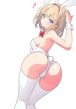 1girl absurdres animal_ears ass blonde_hair blue_eyes bow bowtie detached_collar fake_animal_ears from_behind highres leotard looking_at_viewer looking_back mo_mo_mo79 original playboy_bunny rabbit_ears rabbit_tail red_bow red_bowtie short_hair simple_background solo strapless strapless_leotard tail thighhighs white_background white_leotard white_thighhighs wrist_cuffs