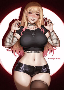 1girl artist_name belt black_choker black_nails black_shirt blonde_hair bootybear breasts choker claw_pose commentary cowboy_shot crop_top cross cross_necklace ear_piercing earrings english_commentary fishnet_sleeves fishnets goth_fashion grin highres jewelry kitagawa_marin large_breasts micro_shorts multiple_piercings multiple_rings navel navel_piercing necklace patreon_username piercing print_shirt red_eyes ring shirt shorts single_thighhigh smile solo sono_bisque_doll_wa_koi_wo_suru spotlight stomach studded_belt thighhighs