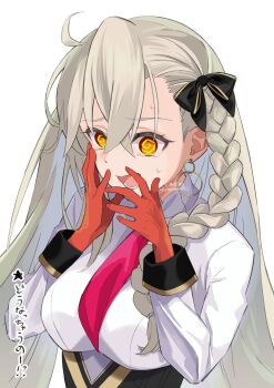 Rule 34 | 1girl, @ @, asymmetrical bangs, black skirt, breasts, collared shirt, commentary request, earrings, fate/grand order, fate (series), gloves, grey hair, hair ribbon, high-waist skirt, highres, hoop earrings, horns, jewelry, large breasts, long hair, long sleeves, looking at viewer, necktie, olga marie animusphere, olga marie animusphere (unbeast), open mouth, orange eyes, pencil skirt, red gloves, ribbon, shimaa482, shirt, single horn, skirt, solo, tearing up, translation request, very long hair, white shirt