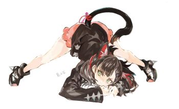 Rule 34 | 1girl, animal ear fluff, animal ears, ankle boots, asymmetrical bangs, black boots, black hair, black jacket, boots, closed mouth, commentary request, dress, full body, green eyes, hair ribbon, jack-o' challenge, jacket, konabetate, legs apart, looking to the side, marnie (pokemon), meme, nintendo, own hands together, pink dress, pokemon, pokemon swsh, red ribbon, ribbon, solo, tail, top-down bottom-up, white background