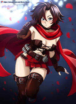 1girl absurdres breasts cape choker cleavage corset gloves highres hood ruby_rose rwby short_hair skirt thighhighs vilde_loh_hocen