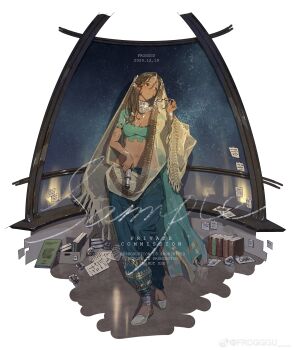 1girl absurdres artist_name black_hair blue_pants blue_shirt book breasts cleavage commission cropped_shirt dark-skinned_female dark_skin dated dome facial_mark forehead_mark frogggu full_body glasses grey_footwear hair_ornament hand_up highres holding holding_removed_eyewear holding_telescope kaalaa_baunaa long_hair looking_up medium_breasts navel night note pants paper parted_lips purple_eyes reverse:1999 sample_watermark shirt short_sleeves sky solo standing star_(sky) starry_sky telescope unworn_eyewear veil watermark yellow_veil