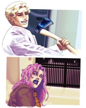 Rule 34 | 2boys, american psycho, axe, black lips, blonde hair, blue eyes, brown necktie, brown shirt, coat, commentary, crossover, derivative work, diamond wa kudakenai, diavolo, english commentary, green eyes, grin, highres, holding, holding axe, indoors, jojo no kimyou na bouken, kira yoshikage, leomii quinn, long hair, makeup, male focus, multiple boys, necktie, open mouth, orange necktie, pink hair, polka dot necktie, screenshot redraw, shirt, smile, spotted hair, teeth, twitter username, vento aureo, white coat