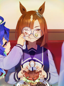 3girls :t absurdres animal_ears aqua_hair blue_hair bob_cut bow bowtie brown_hair burger cheek_bulge closed_mouth commentary_request eating food food_on_eyewear french_fries highres holding holding_burger holding_food horse_ears horse_girl ikuno_dictus_(umamusume) inverted_bob long_hair long_sleeves multiple_girls no_uwazumi pickle purple_sailor_collar purple_shirt sailor_collar school_uniform serafuku sharp_teeth shirt short_hair teeth thighhighs tracen_school_uniform twin_turbo_(umamusume) umamusume upper_body white_bow white_bowtie winter_uniform