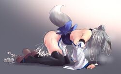 Rule 34 | 1girl, all fours, animal ear fluff, animal ears, bare shoulders, black thighhighs, breasts, bug, detached sleeves, doggystyle, egg laying, fingerless gloves, fox ears, fox girl, fox tail, from side, gloves, japanese clothes, kneeling, monster, original, panties, pelvic curtain, sawaya (mizukazu), sex, sex from behind, tail, thighhighs, underwear, white sleeves