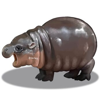 animal animal_focus baby_hippopotamus full_body highres hippopotamus no_humans open_mouth original painterly pygmy_hippopotamus realistic sacrilaig solo white_background