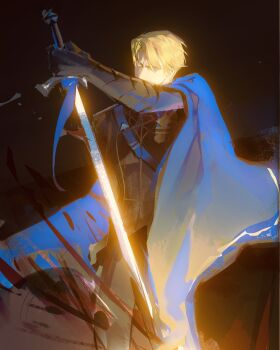 1boy absurdres arm_up belt blonde_hair blue_belt blue_cape cape chest_belt chinese_commentary commentary_request curtained_hair dimitri_alexandre_blaiddyd fire_emblem fire_emblem:_three_houses garreg_mach_monastery_uniform hair_between_eyes highres holding holding_sword holding_weapon looking_at_viewer male_focus moxom nintendo short_hair side_cape solo sword unfinished weapon