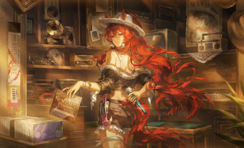 1girl animal_ears arknights bare_shoulders black_jacket brown_shorts commentary cropped_jacket crossed_bangs ears_through_headwear english_commentary from_behind hair_between_eyes hat helen_zzhao highres holding holding_microphone horse_ears horse_girl horse_tail jacket long_hair microphone narantuya_(arknights) parted_lips red_eyes red_hair short_shorts shorts smile solo tail white_hat