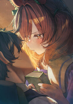 1boy 1girl animal_ears betabeet black_hair blush book brown_hair commentary english_commentary facing_another highres holding holding_book horse_ears horse_girl looking_at_another medium_hair nervous_sweating nice_nature_(umamusume) school_uniform sweat tracen_school_uniform trainer_(umamusume) umamusume upper_body