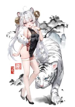 1girl :3 absurdres animal_ears armlet bell big_belly black_ribbon blue_eyes blush breast_cutout breasts chinese_clothes clothing_cutout covered_navel cross-laced_clothes cross-laced_dress dot_nose double-parted_bangs dress eyelashes fingernails fluffy full_body fur_trim hair_bell hair_ornament hair_ribbon high_collar high_heels highres jewelry long_hair looking_at_viewer mole mole_under_eye narrowed_eyes open_mouth original parted_bangs pelvic_curtain pink_nails ribbon riko_(rik0ring) short_dress side_cutout sideboob sidelocks simple_background skindentation small_breasts solo standing standing_on_one_leg striped_hair thick_eyebrows thighhighs tiger tiger_ears tiger_girl twintails very_long_hair white_background white_hair white_thighhighs