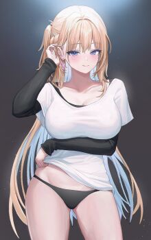 1girl absurdres arm_under_breasts black_panties black_shirt blonde_hair blue_eyes blush breasts bright_pupils cleavage closed_mouth clothes_lift collarbone colored_inner_hair commission cowboy_shot earrings gluteal_fold gradient_background groin hand_up highres jewelry large_breasts lifting_own_clothes long_hair long_sleeves looking_at_viewer multicolored_hair no_pants one_side_up original p00nipooni panties second-party_source shirt shirt_lift side_ponytail skindentation sleeves_past_wrists smile solo sonya_(schan) standing tucking_hair two-tone_hair undershirt underwear very_long_hair white_shirt