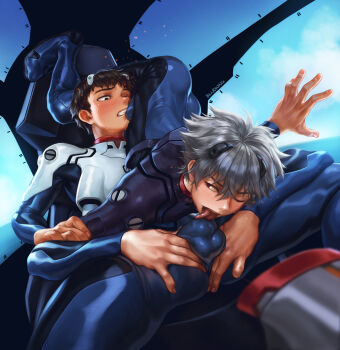 Rule 34 | 2boys, 69, artist name, ass, black eyes, black hair, bludwing, blue bodysuit, bodysuit, bulge, bulge to face, evangelion (mecha), grey hair, hand on another's arm, hand on another's ass, highres, ikari shinji, interface headset (evangelion), licking bulge, looking at another, male focus, mecha pilot suit, multiple boys, nagisa kaworu, neon genesis evangelion, one eye closed, plugsuit (evangelion), short hair, sky, sweat, thighs, yaoi