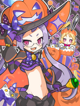 2girls :3 animal_ears blonde_hair blue_fire blush bow candle candy candy_cane capelet cat commentary cowboy_shot crop_top cropped_legs cupcake disgaea donut earmuffs english_commentary fang fire flat_chest food frills glasses gloves groin halloween hand_on_headwear hat heart highres hip_bones holding holding_staff jack-o'-lantern jitome lollipop long_hair looking_at_viewer mage_staff majorita_(disgaea) majorita_(halloween)_(disgaea) makai_senki_disgaea_5 medium_hair midriff multiple_girls navel open_mouth petite pink_bow pink_eyes pointy_ears polka_dot polka_dot_bow pumpkin pumpkin_hat purple_bow purple_hair purple_hat rabbit_ears short_bangs short_eyebrows sidelocks skin_fang smile staff star_(symbol) striped_clothes striped_gloves suaman thick_eyebrows tsurime twintails usalia_(disgaea) wrist_cuffs