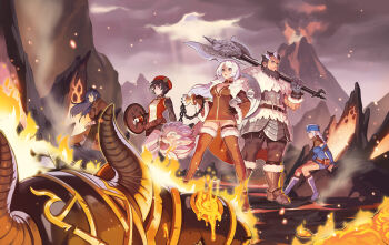 2boys 3girls absurdres arm_wrap armor armored_boots axe badge battle_axe belt belt_collar belt_pouch beret black_armor black_facial_hair black_hair black_shirt black_shorts black_socks blue_boots blue_dress blue_hair blue_headband blue_sleeves boots boris_jinneman braid bread breasts brown_belt brown_boots brown_capelet brown_cloak brown_dress brown_eyes brown_gloves brown_sleeves burning capelet chain character_request cloak closed_mouth cloud collar commentary_request cross-laced_capelet cross-laced_cloak detached_sleeves dress embers facial_hair fake_horns fantasy faulds fire food frown fur-trimmed_armor fur-trimmed_boots fur_sleeve_cuffs fur_trim gloves gothic_plate_armor greaves grey_eyes grey_gloves grey_hair grey_pants hand_on_own_hip hat headband helmet highres holding holding_axe holding_chain holding_shield holding_sword holding_weapon horned_helmet horns ispin_charles jacket jinapa knee_boots korean_commentary large_breasts lava left-handed leg_belt legs_apart lips long_hair long_sidelocks long_sleeves loose_belt low-braided_long_hair low-tied_long_hair medium_breasts multiple_boys multiple_girls muscle_cuirass muscular muscular_male nayatrei official_art outline pants plain_epaulettes plate_armor pouch profile red_hat red_jacket sabaton sang_ah_yoon shield shirt short_dress shorts sidelocks silver_armor sitting sleeve_cuffs smoke socks split_mouth standing straight_hair sunlight sword tales_weaver thigh_boots thighhighs turtleneck turtleneck_capelet turtleneck_cloak volcano weapon white_fur white_hair white_jacket white_outline white_thighhighs wooden_shield