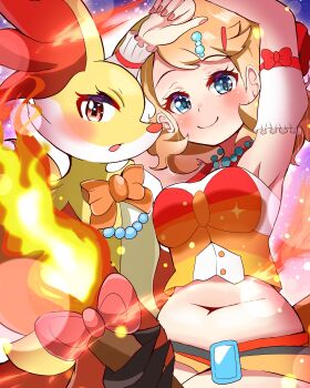 1girl absurdres arms_up bead_necklace beads blonde_hair blue_eyes blush breasts carrot_summer closed_mouth delphox eyelashes fingernails gen_6_pokemon hair_ornament hairclip highres jewelry medium_breasts nail_polish navel necklace nintendo pokemon pokemon_(anime) pokemon_(creature) pokemon_journeys red_nails serena_(pokemon) short_hair smile