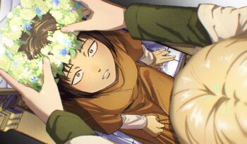 Rule 34 | 2girls, 35ohama yu, blonde hair, brown dress, brown eyes, brown hair, commentary request, dress, freckles, from above, green shirt, highres, holding head wreath, krista lenz, multiple girls, parted lips, shingeki no kyojin, shirt, shirt under dress, short hair, sitting, sparkle, upper body, white dress, white shirt, ymir (shingeki no kyojin)