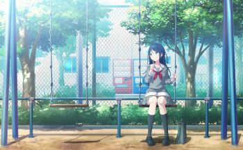 1girl black_hair black_shoes black_socks book chain-link_fence colorful_palette don&#039;t_lose_faith!_(project_sekai) fence full_body game_cg grey_eyes grey_serafuku grey_shirt grey_skirt highres holding holding_pen hoshino_ichika_(project_sekai) long_hair neckerchief official_art open_book outdoors pen pleated_skirt project_sekai red_neckerchief sailor_collar school_uniform serafuku shadow shirt shoes sitting skirt socks solo swing_set third-party_source tree vending_machine white_sailor_collar