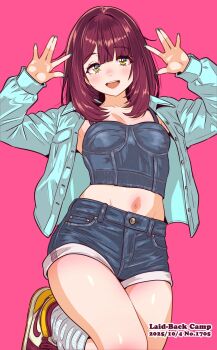 1girl \||/ aqua_shirt breasts brown_hair commentary_request copyright_name crop_top cropped_shirt dated denim denim_shirt denim_shorts foot_out_of_frame foot_up hands_up highres jagi_(jagi_souken) medium_breasts medium_hair midriff multicolored_eyes navel open_clothes open_mouth open_shirt pink_background shirt short_shorts shorts simple_background sleeveless sleeveless_shirt smile solo toki_ayano unbuttoned yurucamp